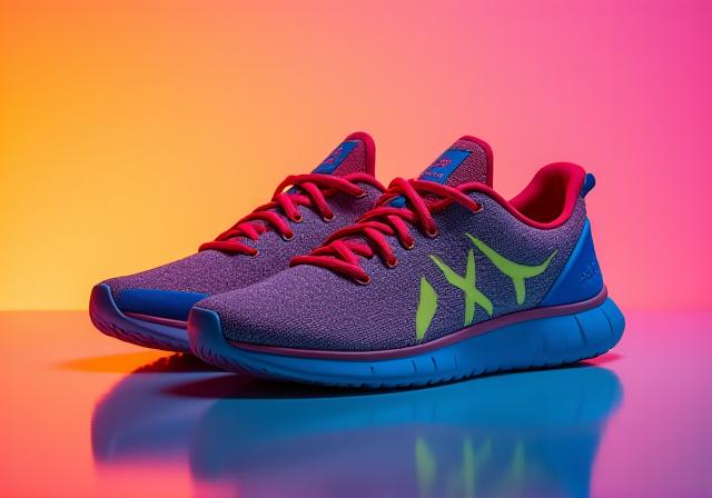 Gambar sepasang kasut sukan dengan latar belakang berwarna terang.